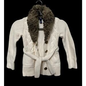 Gap Kids Belted Cardigan Sweater Girls S Cream Chunky Cable Knit Faux Fur Collar